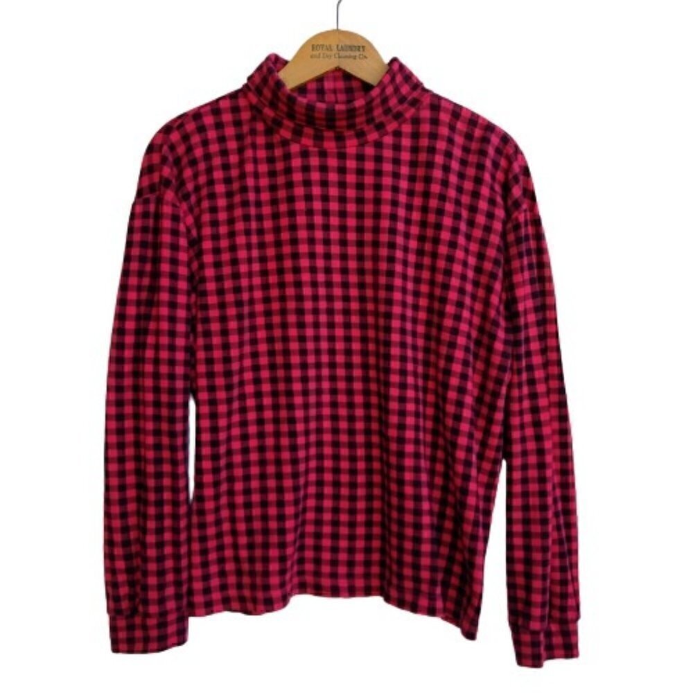 VTG 90s Pink Buffalo Plaid Turtleneck Size XL Puff Sleeve Cropped High Sierra